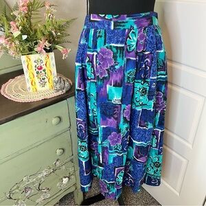 Jessica Scott Vintage 80s 90s Blue Purple Hawaiin PullOn MIDI Hi Waist Skirt M/L